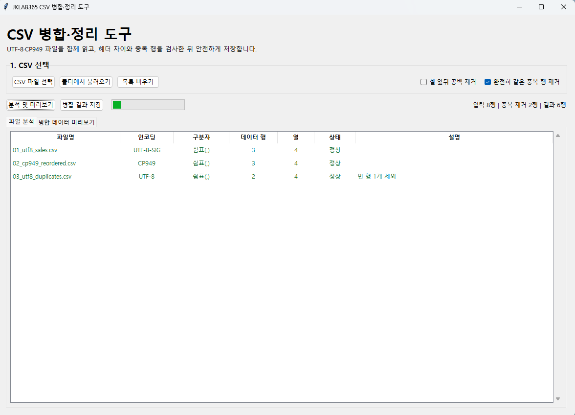 UTF-8-SIG·CP949·UTF-8 CSV 세 파일을 분석한 Python 병합 도구 화면
